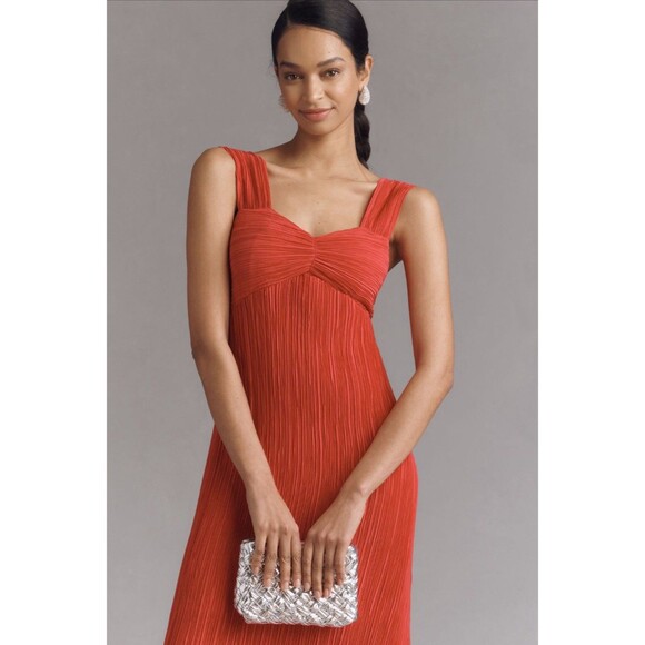 Anthropologie Midi Dress Women Pink Pleated Satin Preppy Stretch Retro Large NWT - Picture 3 of 10